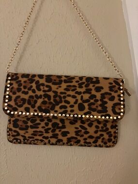 Leopard Print Chain Shoulder Bag - Brown